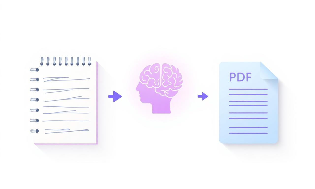 Illustration showing notebook with questions, AI brain processing, and a printed PDF cheatsheet