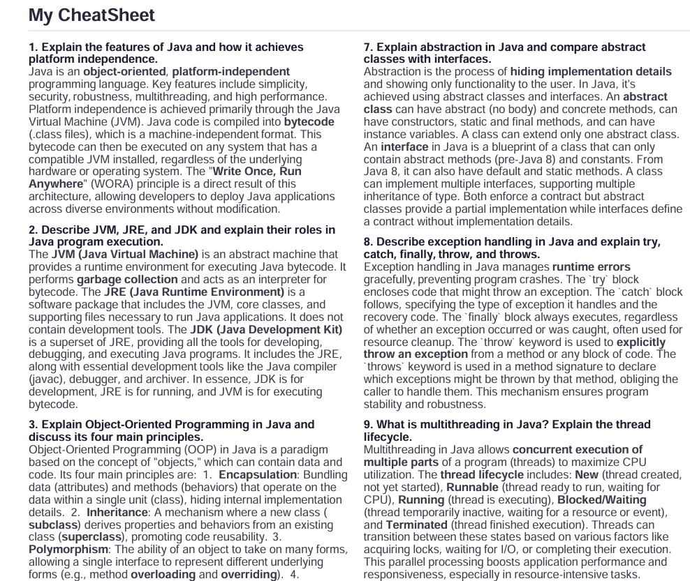 Preview of sample Java cheatsheet PDF — 10 questions in two-column A4 layout